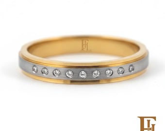 Unique Handmade Promise band, Two-color diamond wedding ring with texture, 3mm