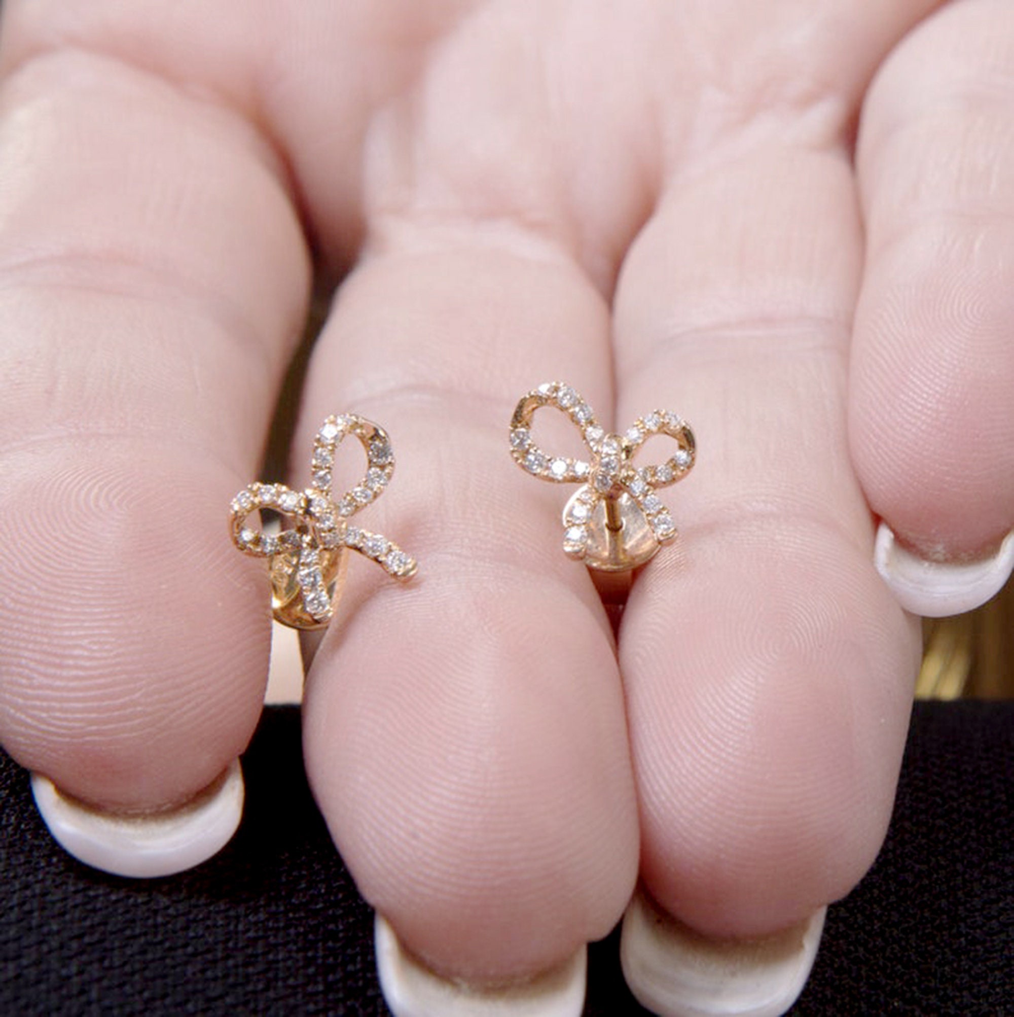 Diamond Bow Earrings in Solid Gold Dainty Bow Shape Studs Etsy UK