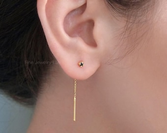 Natural diamonds threader earrings, Solid gold threader earrings, Natural gemstone chain earrings, Unique earrings
