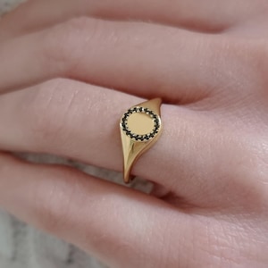 Small oval solid gold signet ring with diamonds, Dainty diamond frame ring in gold