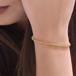 Thin Diamond Tennis Bracelet in solid gold, Dainty Solid Gold Tennis Riviera,  Delicate Timeless Diamond bracelet, Gift for woman