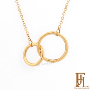 14k Gold Interlocking Circle Necklace, Solid Gold Two Linked Circles, Entwined Circle Pendant, Anniversary Chic Wife Jewelry Gift for Her