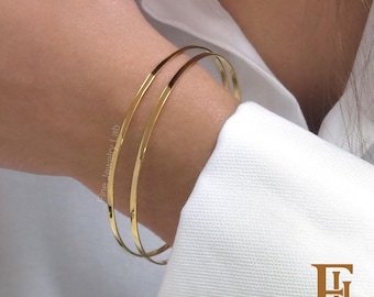 Brazalete de oro macizo forjado a mano, elegante pulsera apilable, 9k 14k 18k