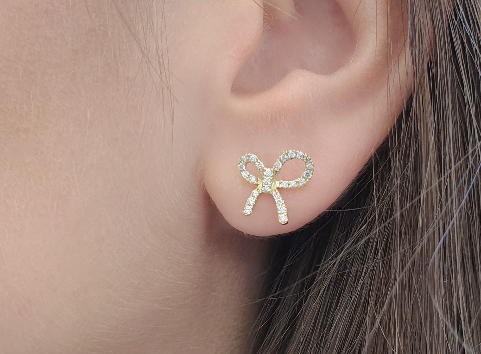 Diamond Bow Earrings in Solid Gold Dainty Bow Shape Studs Etsy UK