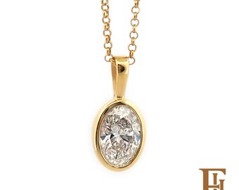 Bezel setting pendant with a 1.5ct lab-grown diamond, Solid gold oval solitaire necklace