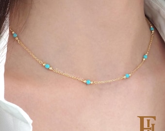 Dainty Solid Gold Turquoise Necklace: Layering Boho Choker