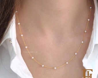 Collar de perlas de oro macizo, diseño clásico de perlas satélite, 9k 14k 18k
