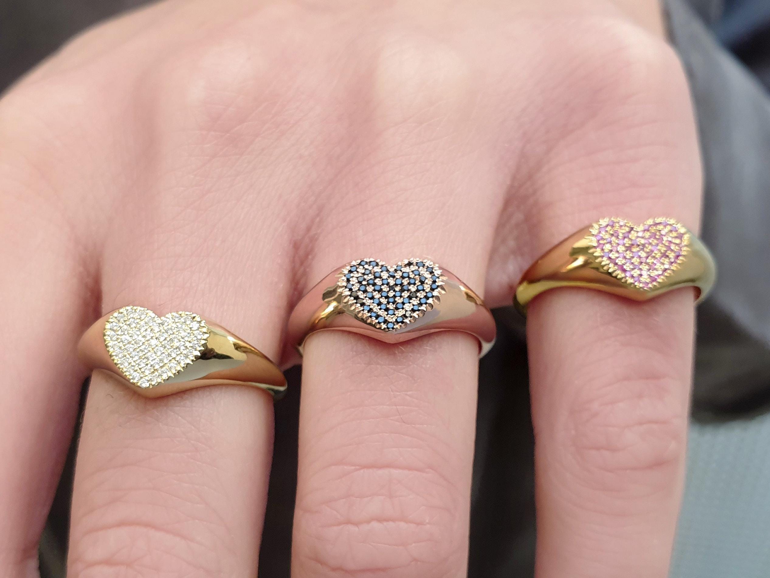 14金　ピンキーリング　ハート　14K gold ring Gold Pave Diamond Heart Signet Ring, Elegant Pinky Ring, 9k 14k