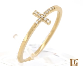 Solid Gold Diamond Cross Ring, Religious Jewelry Gift, 9k 14k 18k