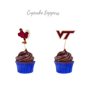 May include: Two chocolate cupcakes with blue liners and decorative toppers. One cupcake has a red rooster topper and the other has a maroon "VT" topper.