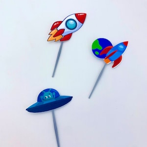 Space Cupcake Toppers: Rocket, Astronaut, Galaxy Party Decorations