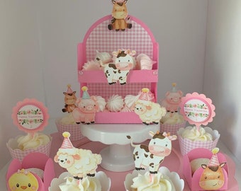 Farm Animals Cupcake Toppers: Pink Barn Party Decorations