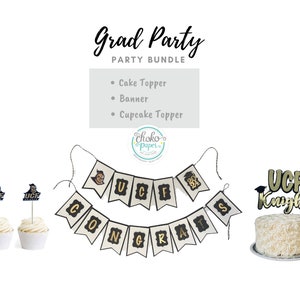 Custom Graduation Party Decor Bundle: Banner, Cake & Cupcake Toppers