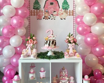 Farm Pink 1st Birthday Party Bundle: Cake Topper, Banner