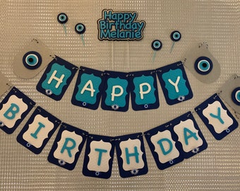 Evil Eye Birthday Party Decorations: Cake Topper, Banner & Cupcake Toppers