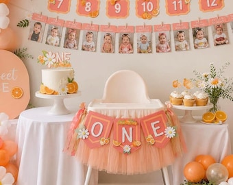 Orange Daisy High Chair Banner: Citrus First Birthday Decor, Little Cutie Party Decoration