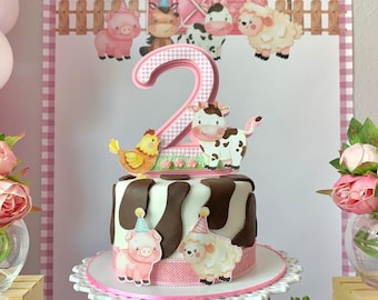 Pink Farm Animals Cake Topper: Girl Birthday Party Decor