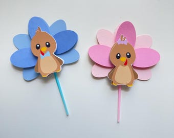 Little Turkey Gender Reveal Cupcake Toppers: Thanksgiving Baby Shower Decor