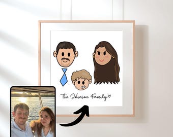 May include: A framed family portrait with cartoon illustrations of a father, mother, and child. The father wears a blue tie. The text "The Johnson Family" is written below the illustrations. A photo of a couple is in the lower left corner.