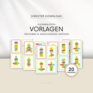 Klemmbaustein Vorlagen, neue Farben, 20 Legemuster, Montessori, Lernkarten, Kinder, Turmbau, Bausteine, direkter Download