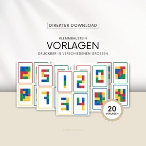Klemmbaustein Vorlagen, alte Farben, 20 Legemuster, Zahlen, Montessori, Lernkarten, Kinder, Turmbau, Bausteine, direkter Download