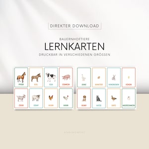 Könnte beinhalten: Druckbare Lernkarten mit Farmtieren und bunten Rändern. Die Karten zeigen Illustrationen von einem Pferd, Esel, Kuh, Schwein, Gans, Hamster, Kaninchen, Küken, Ziege, Schaf, Hahn, Henne, Hund, Katze, Ente und Meerschweinchen. Die deutschen Wörter für jedes Tier sind unter den Illustrationen gedruckt.