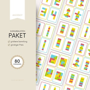 Klemmbaustein Paket, neue Farben, Vorlage, 80 Legemuster, Zahlen, Montessori, Lernkarte, Kinder, Turmbau, Bausteine, direkter Download