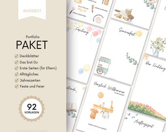May include: A set of 92 printable watercolor illustrations for a kindergarten portfolio. The illustrations include themes like birthdays, seasons, holidays, and everyday activities. The illustrations are in a soft, pastel color palette.