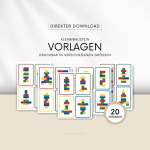 Klemmbaustein Vorlagen, alte Farben, 20 Legemuster, Montessori, Lernkarten, Kinder, Turmbau, Bausteine, direkter Download