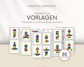 Building block templates, vintage colors, 20 laying patterns, Montessori, flashcards, children, tower building, building blocks, direct download