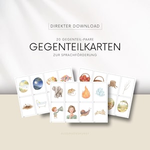 May include: A collection of flashcards with the text "DIREKTER DOWNLOAD" and "20 GEGENTEIL-PAARE GEGENTEILKARTEN ZUR SPRACHFÖRDERUNG". The cards display watercolour illustrations of opposite concepts, including day and night, and hot and cold.