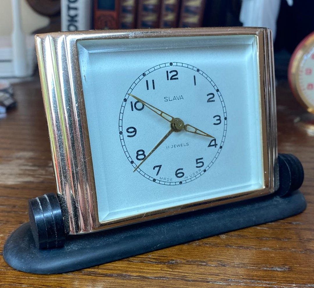 Retro Soviet Desk Clock Slava Gold Metal Bakelite Base Mid-century ...