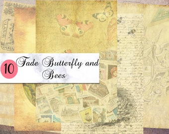Junk Journal Kit, Faded Bees Collage Sheet, Vintage, Printable Pages,Floral Digital Paper, Scrapbooking Antique Papers, butterfly Old Paper