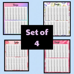 Set of 4 PRINTABLE BINGO SHEETS