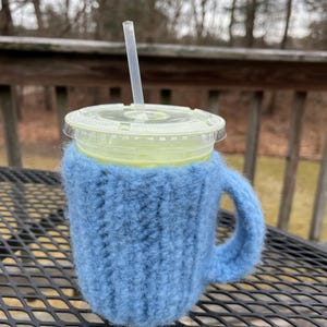 Fuzzy Sweater Cup Cozy / Crocheted cup sleeve with strap / iced coffee sleeve / hot coffee sleeve / travel mug sleeve / to-go cup sleeve