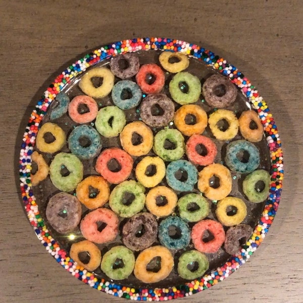 Fruit Loops Cereal Coaster with Iridescent Glitter and a Rainbow Sprinkle border, 4" round