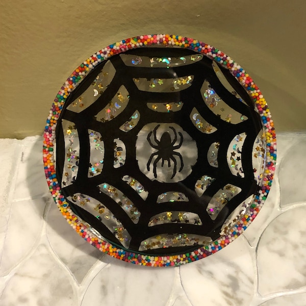 4 « Round Resin SPIDER Coasters avec Rainbow Sprinkles et Moon & Star Glitter