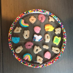 Lucky Charms Cereal Resin Coaster, Rainbow Sprinkles border, 4&quot; round