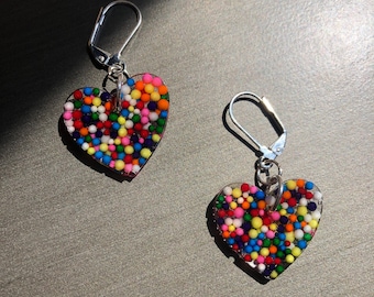 Handcrafted Colorful Rainbow Sprinkles Earrings, Retro Resin Heart Earrings