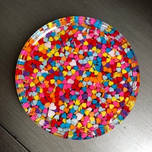 4&quot; Round Resin Coaster with Zillions of Rainbow Heart Sugar Sprinkles