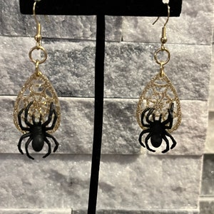 Handcrafted Spider and Resin Spider Web Earrings, Your Glitter Color Choice, Goth