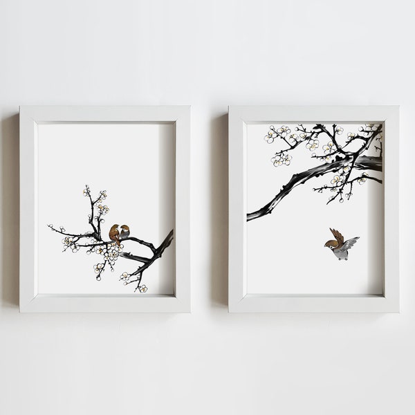 Set Of Two Prints, Korean Home Decor, Korean Art Print, 2 Piece Wall Art, Oriental Painting, Korean Gift, Korean Wall Art, Bird Poster