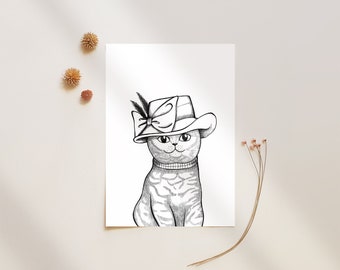 Katze Zeichnung, Original Zeichnung, Katze Wandkunst, Feder und Tinte Zeichnung, Schwarz-Weiß Kunst, Katzen Illustration, Katzen Kunstwerk, Katzenliebhaber Geschenk