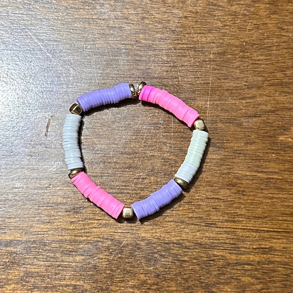 Kids purple, pink and white clay bead bracelet