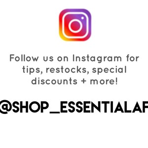 May include: White background with an Instagram logo in a gradient of orange, yellow, purple, and red. Text reads: "Follow us on Instagram for tips, restocks, special discounts + more!" and the Instagram handle @SHOP_ESSENTIALAF.