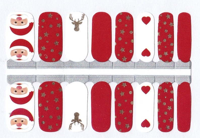 May include: Christmas-themed nail art stickers featuring Santa Claus faces, reindeer, stars, and hearts. The stickers are red, white, and gold, perfect for festive nail designs. The stickers are arranged in a grid pattern.
