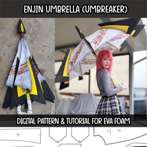 Può includere: Un ombrello unico con un design nero, giallo e bianco. L'ombrello ha una forma distintiva e presenta il testo "ENJIN UMBRELLA (UMBREAKER)" e "DIGITAL PATTERN & TUTORIAL FOR EVA FOAM". L'ombrello è mostrato sia chiuso che aperto.