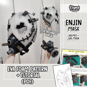 Può includere: Una maschera Enjin bianca e nera con un design staccabile, che include un componente maschera antigas. La maschera ha un aspetto usurato con cuciture e dettagli metallici visibili. L'immagine include anche un modello in schiuma EVA e un tutorial (PDF).