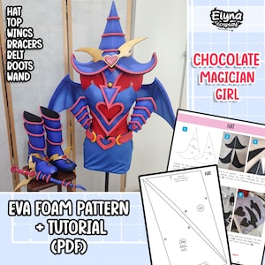 May include: A blue and red cosplay costume with a hat, wings, bracers, belt, boots, and wand. The costume is labeled "Chocolate Magician Girl" and includes an EVA foam pattern and tutorial.