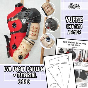 Könnte beinhalten: Ein digitaler Download eines Musters und einer Anleitung zum Erstellen einer Yuffie FF7 Rebirth linken Armrüstung für Cosplay. Das Muster ist für eine Schulterplatte, ein Rüstungsteil, das auf der Schulter getragen wird. Die Anleitung enthält Anweisungen zur Verwendung von EVA-Schaumstoff zur Herstellung der Requisite.